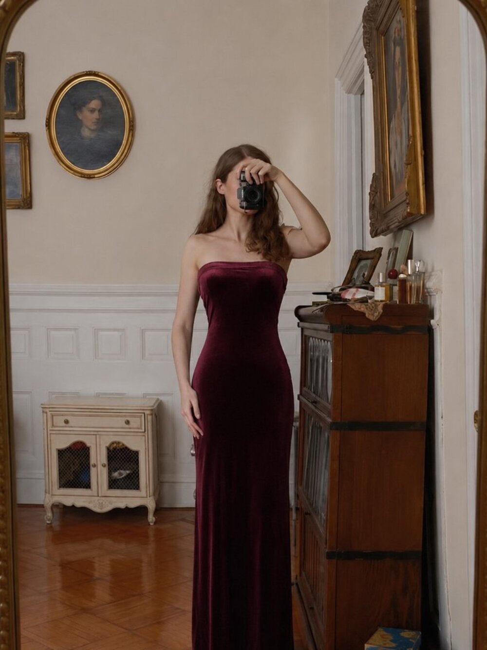 Vintage Red Velvet Maxi Dress Strapless Size XS Bodycon Formal Tube